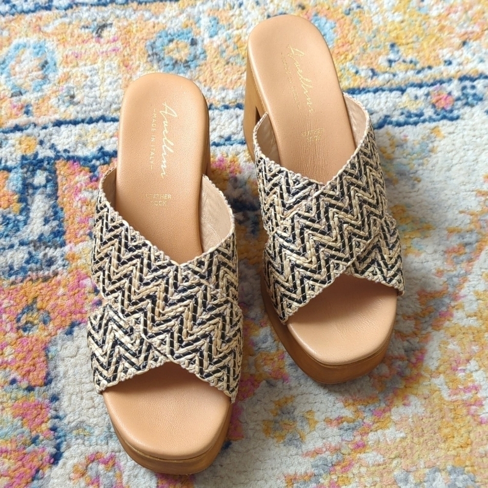 Avellini Woven Criss Cross Open Toe Slip On Heeled Platform Sandals Tan 9.5